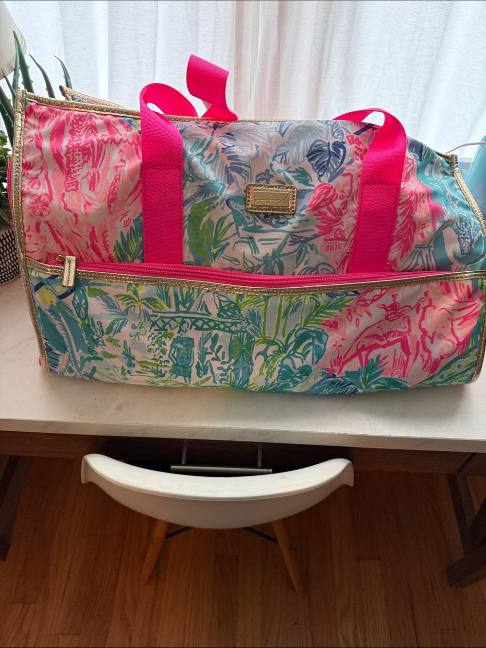 Lilly Pulitzer Hot Pink Straps Multicolor Tropical Print Duffel